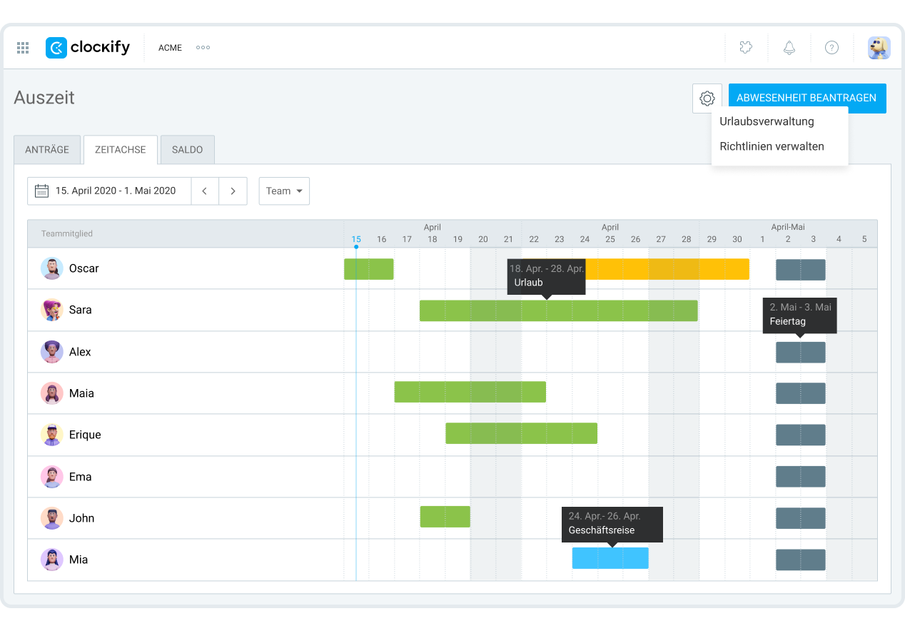 Funktion der arbeitsfreien Zeit in Clockify (Screenshot)