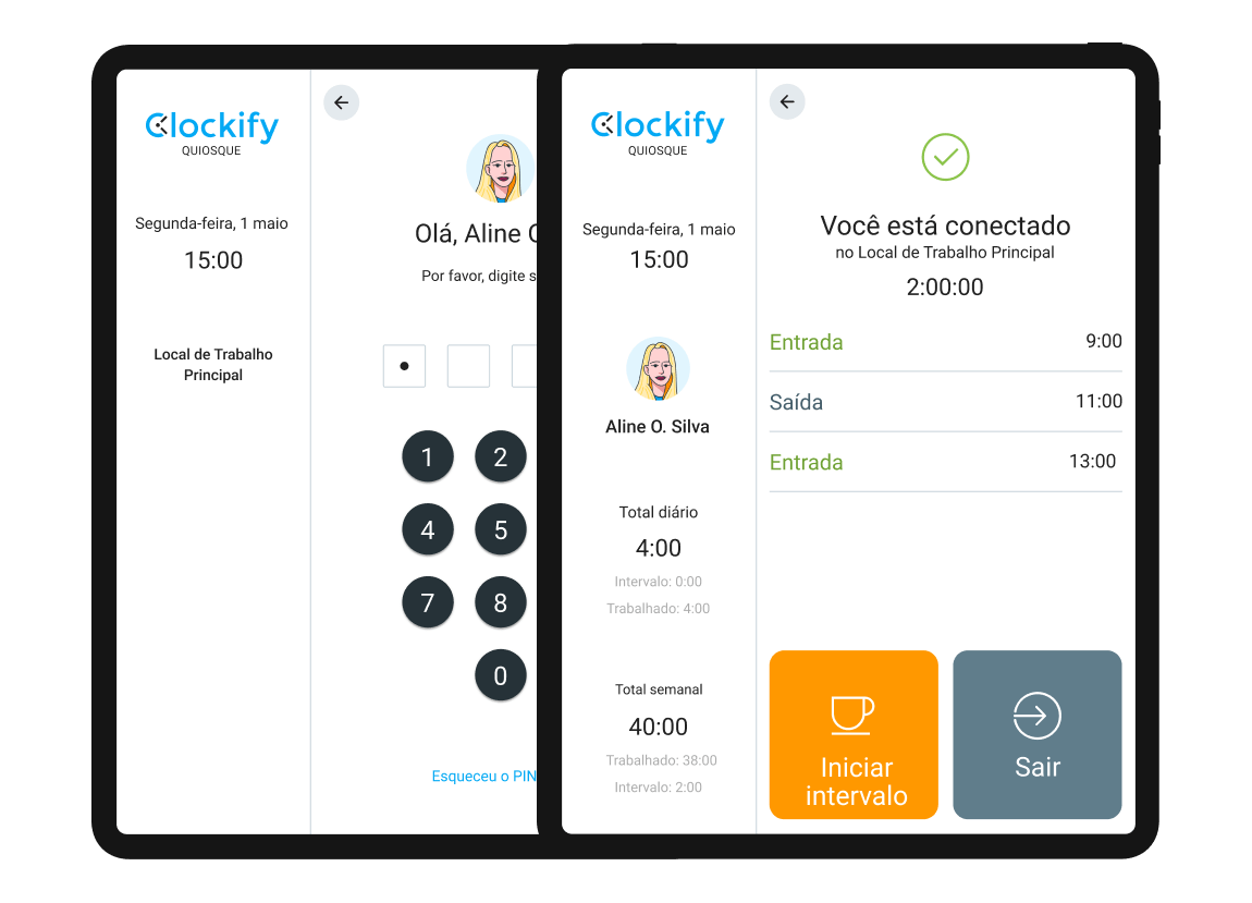 Recurso de relógio de ponto quiosque no Clockify (captura de tela)