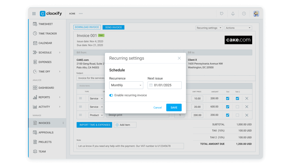 Recurring invoices