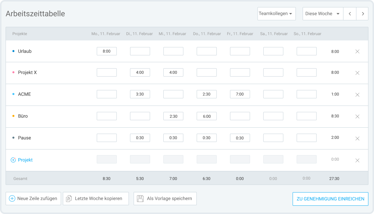 Mitarbeiter erfassen ihre Arbeitszeiten in der App über den Timer oder eine Arbeitszeittabelle