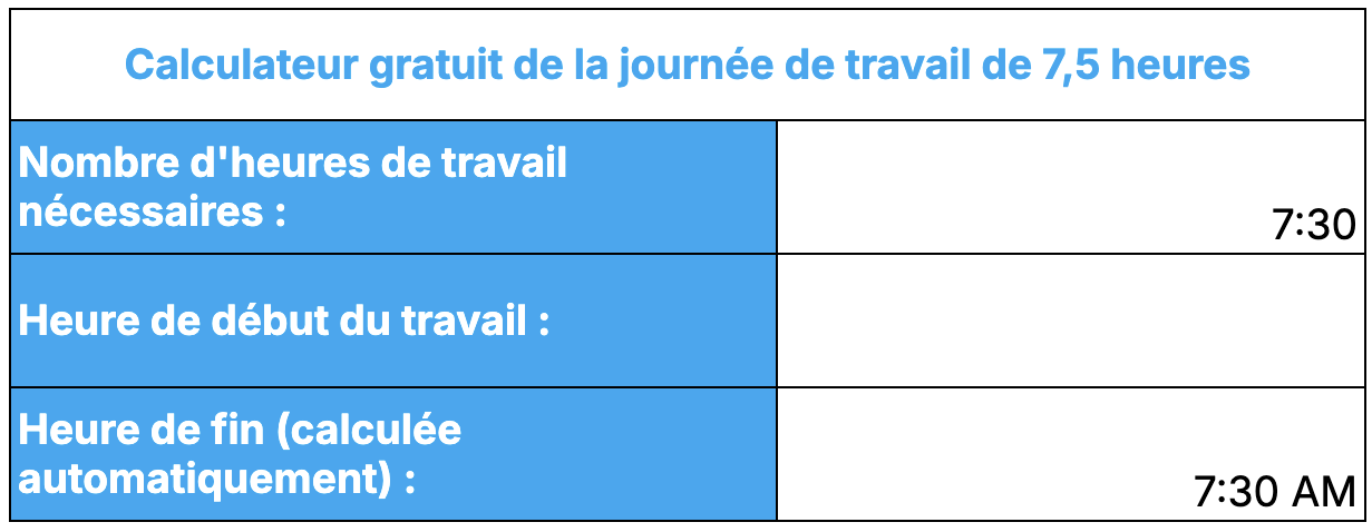 Calculateur de la journée de travail de 7,5 heures