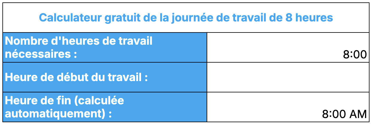 Calculateur du temps de travail de 8 heures