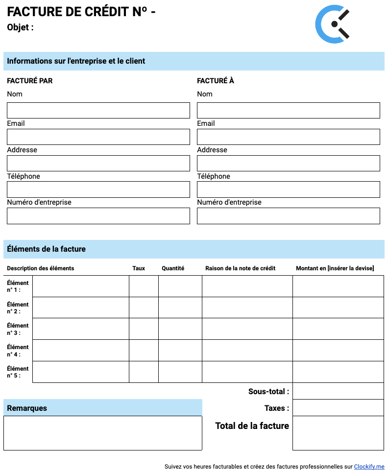 Modèle de facture de crédit