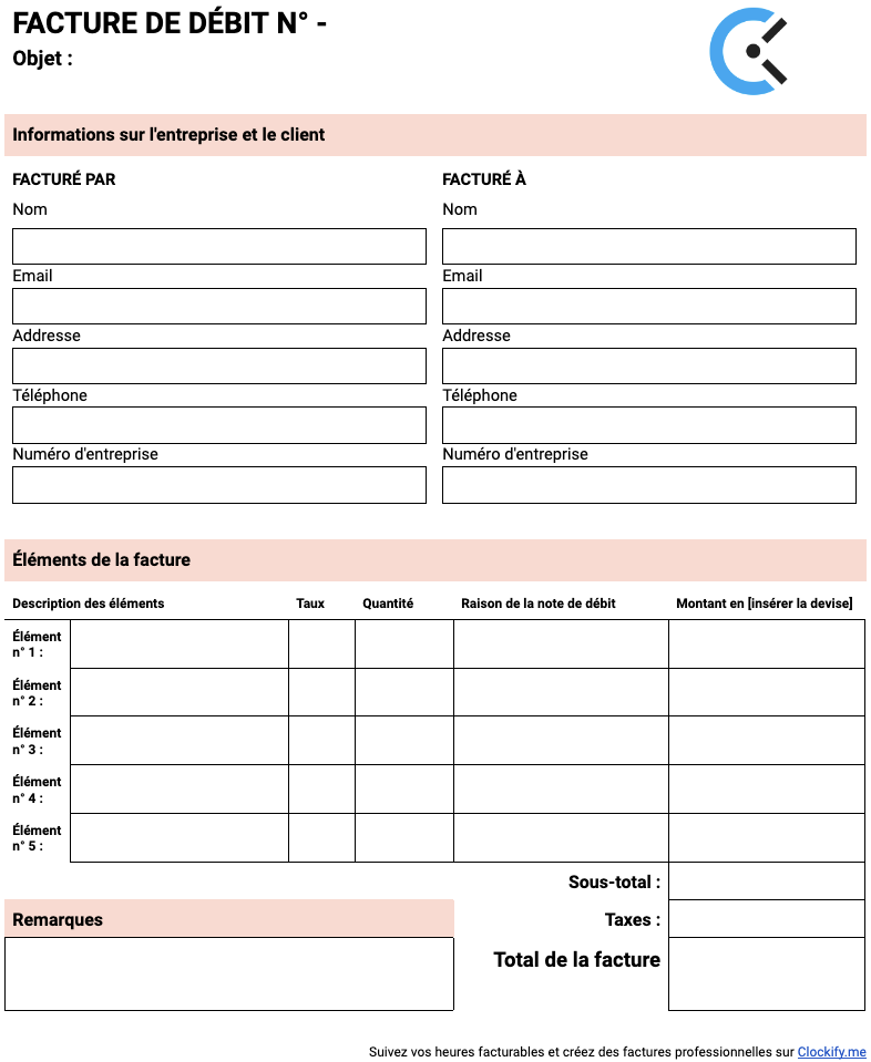 Modèle de facture de débit