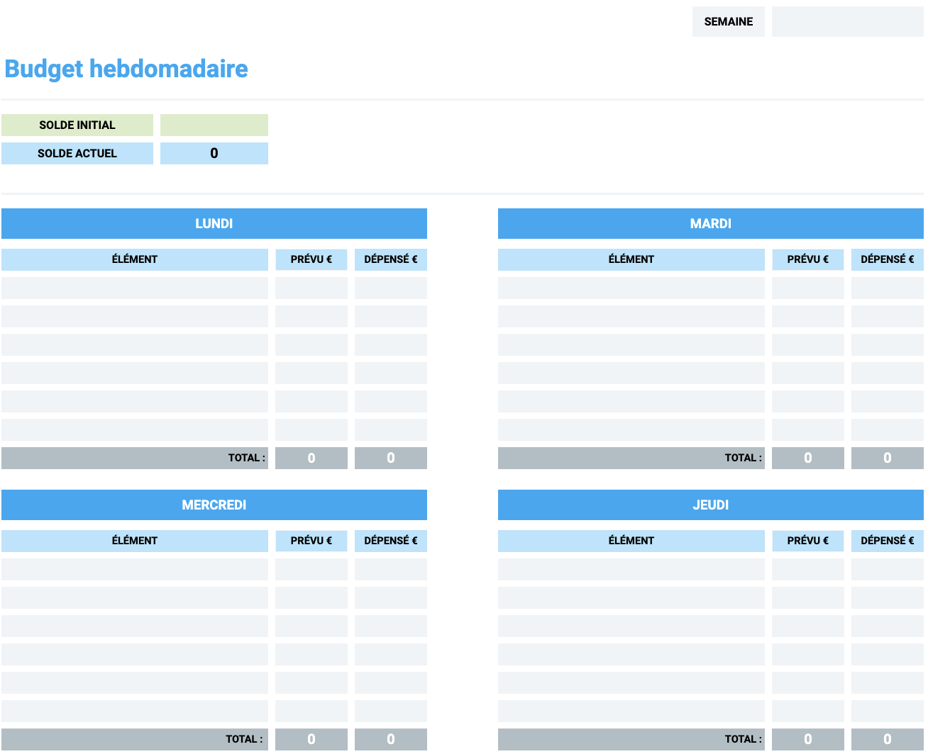 Modèle de budget hebdomadaire simple