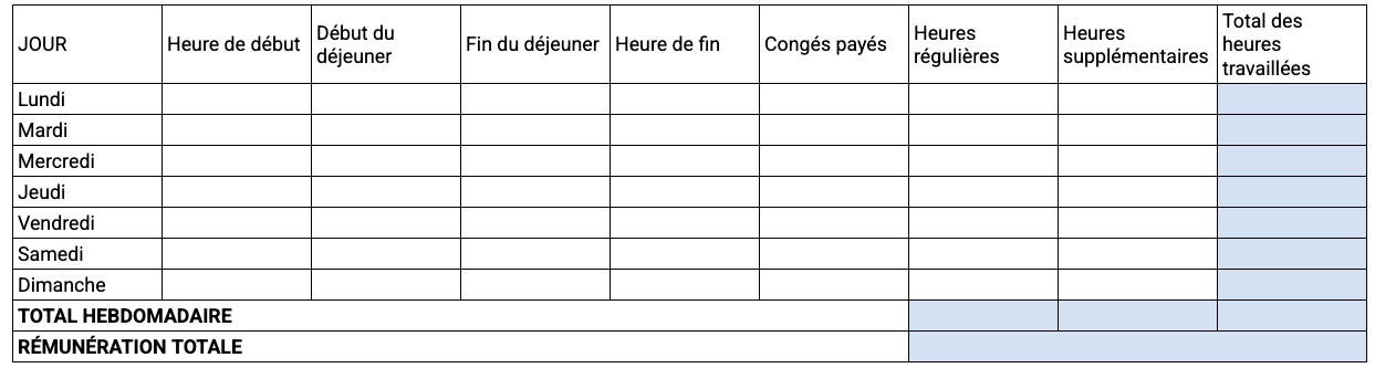 Feuille de calcul hebdomadaire