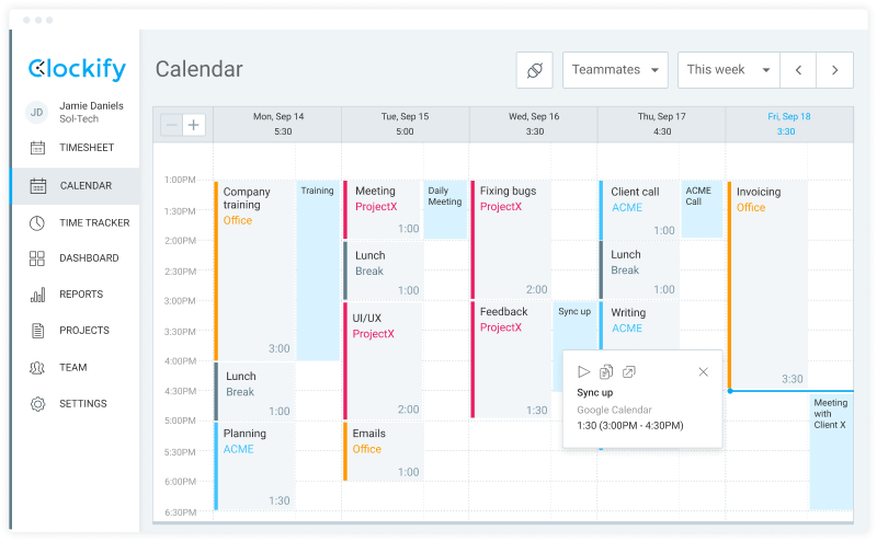 Função de calendário no Clockify