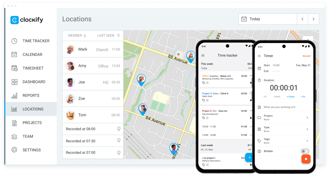 Aplicación de reloj de fichar GPS para el rastreo de los empleados - Clockify screenshot