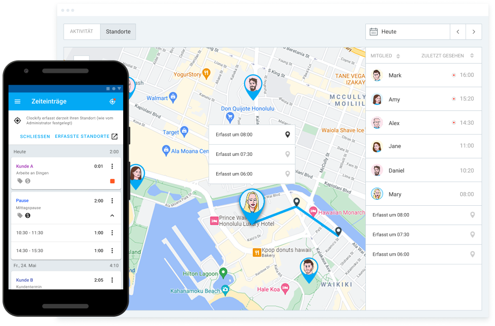 GPS-Ortungsfunktion in Clockify (Screenshot)