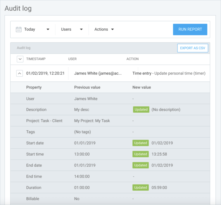 Audit log feature in Clockify