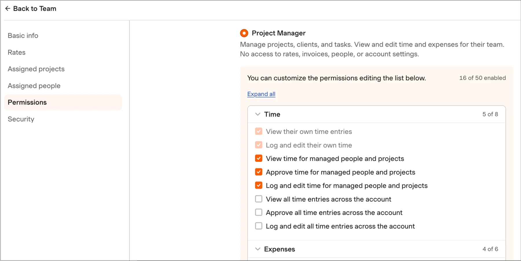 Custom permissions in Harvest