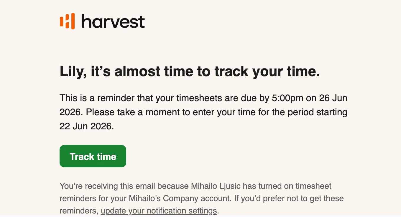 Email time tracking reminders in Harvest