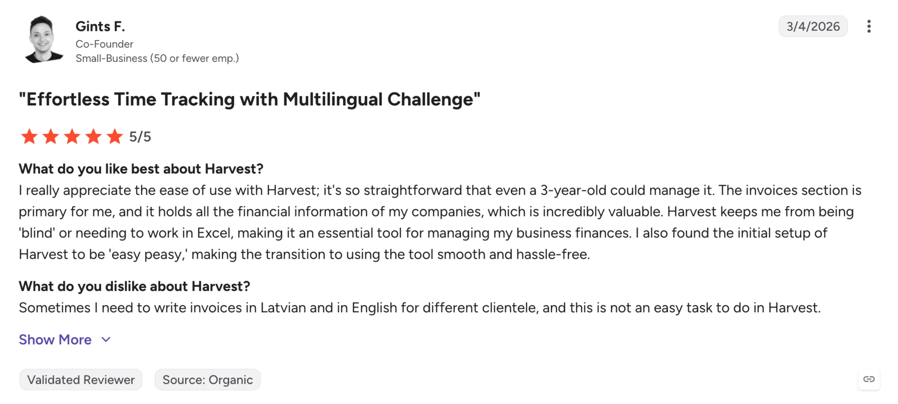 Harvest user review on G2