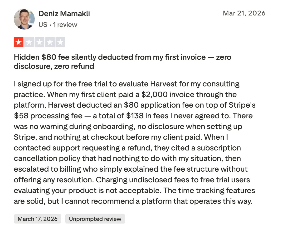 Harvest user review on Trustpilot