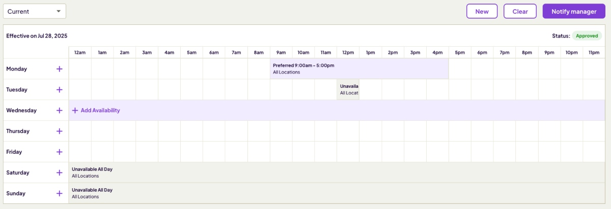 Availability schedule in Homebase