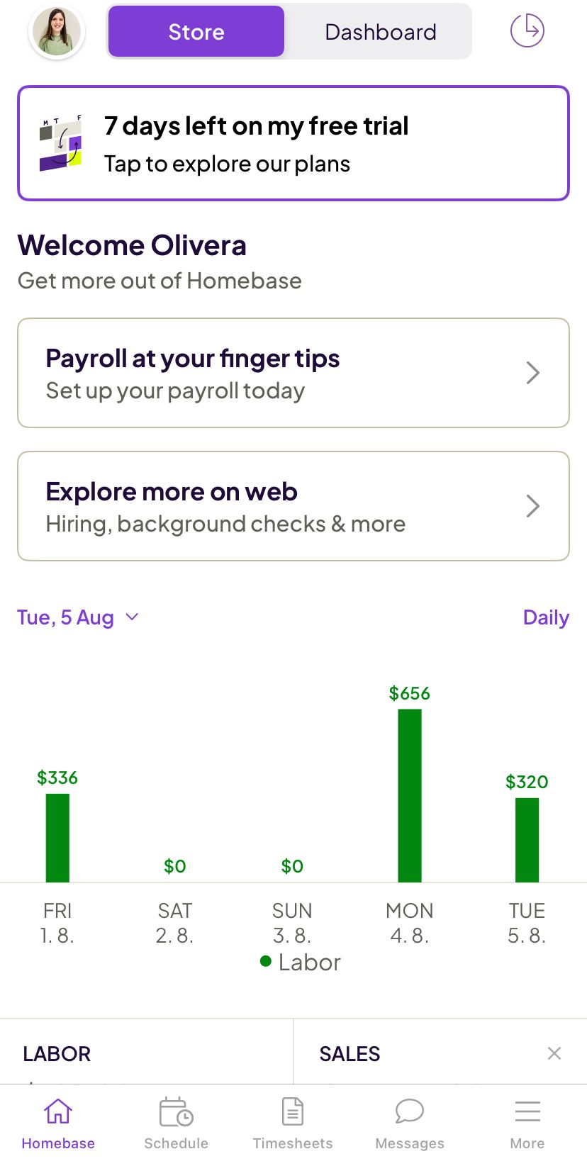 Homebase mobile app homescreen