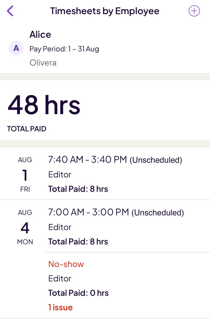 Timesheets by employee in the Homebase mobile app