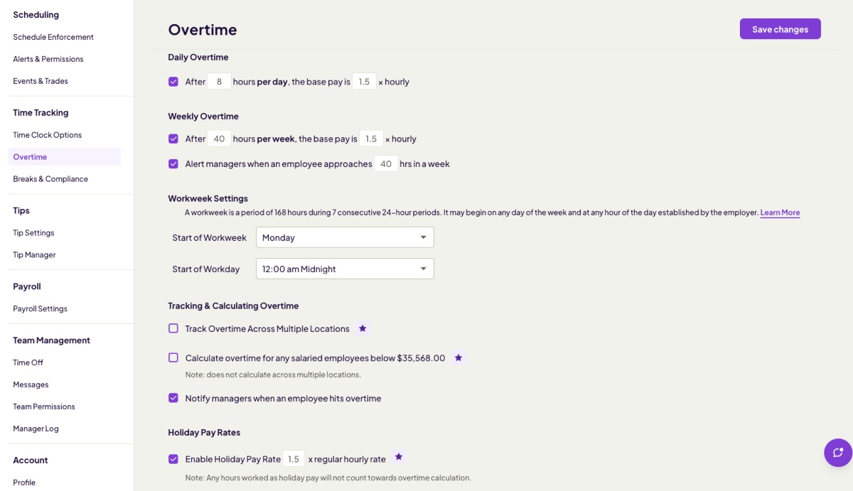 Overtime settings in Homebase