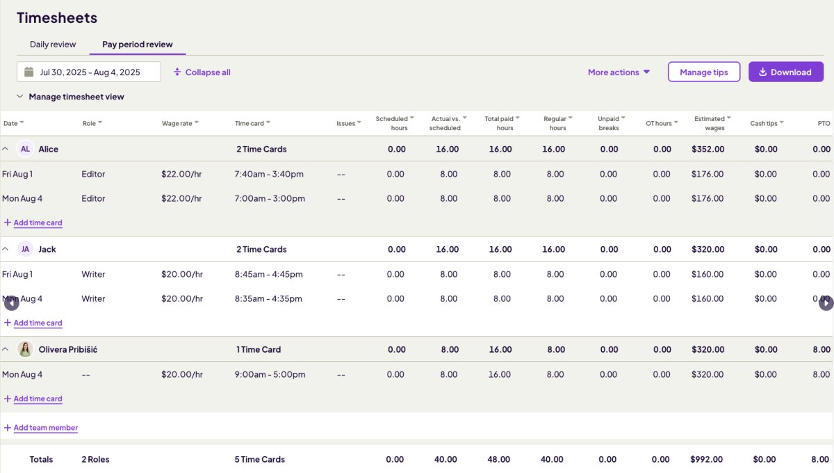 Pay period overview in Homebase