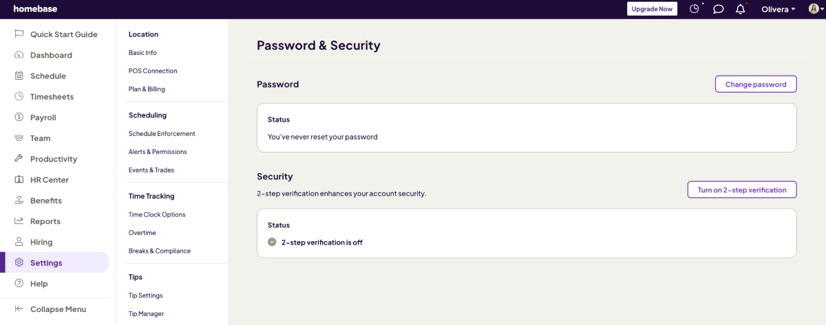 Enabling 2FA in Homebase