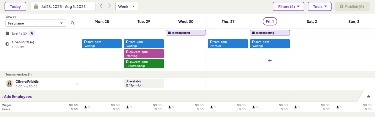 Scheduled shifts and events in Homebase