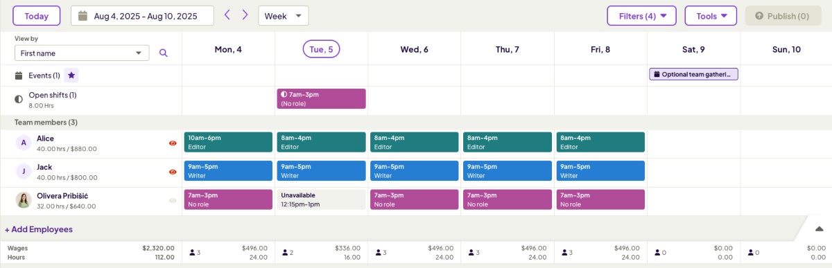 Team schedule in Homebase