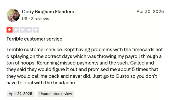 Homebase user review on Trustpilot