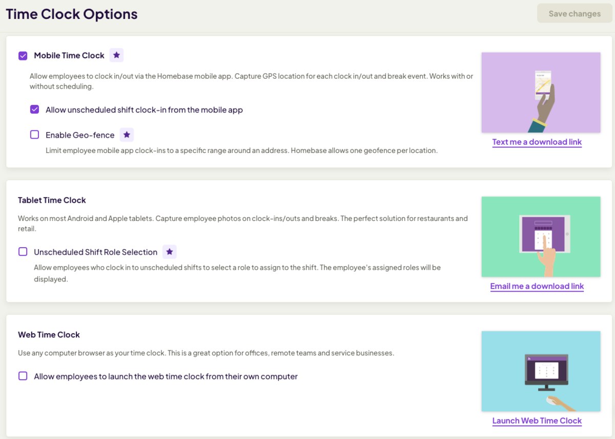 Time clock options in Homebase