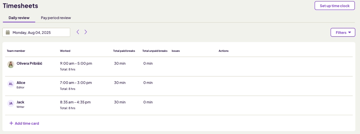 Daily timesheet overview in Homebase