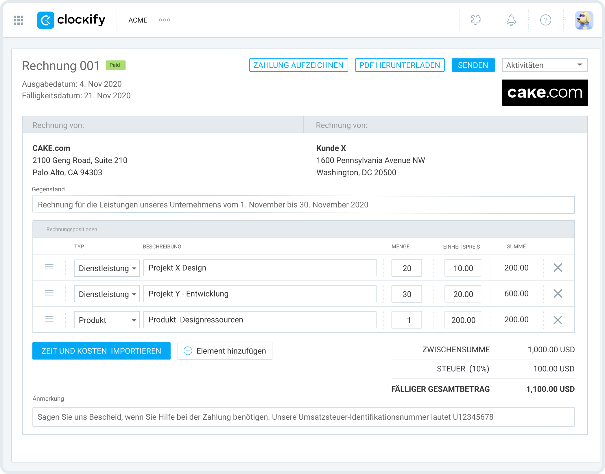 Clockify&rsquo;s invoicing feature
