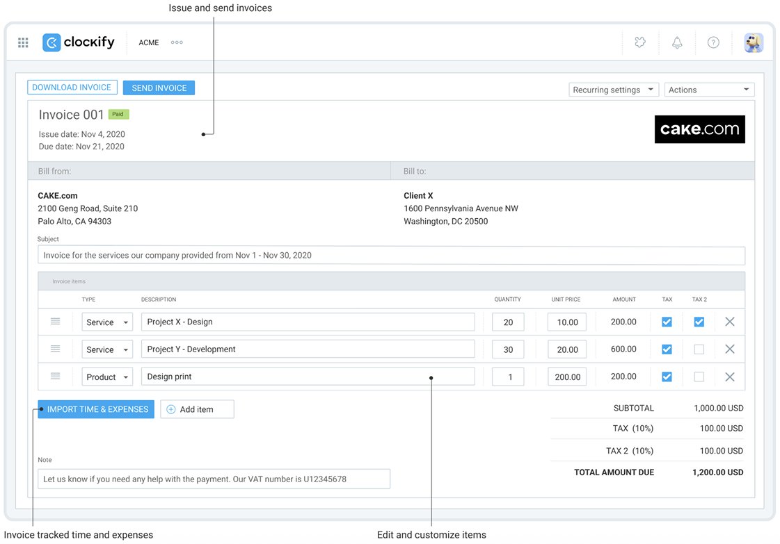Clockify’s invoicing feature