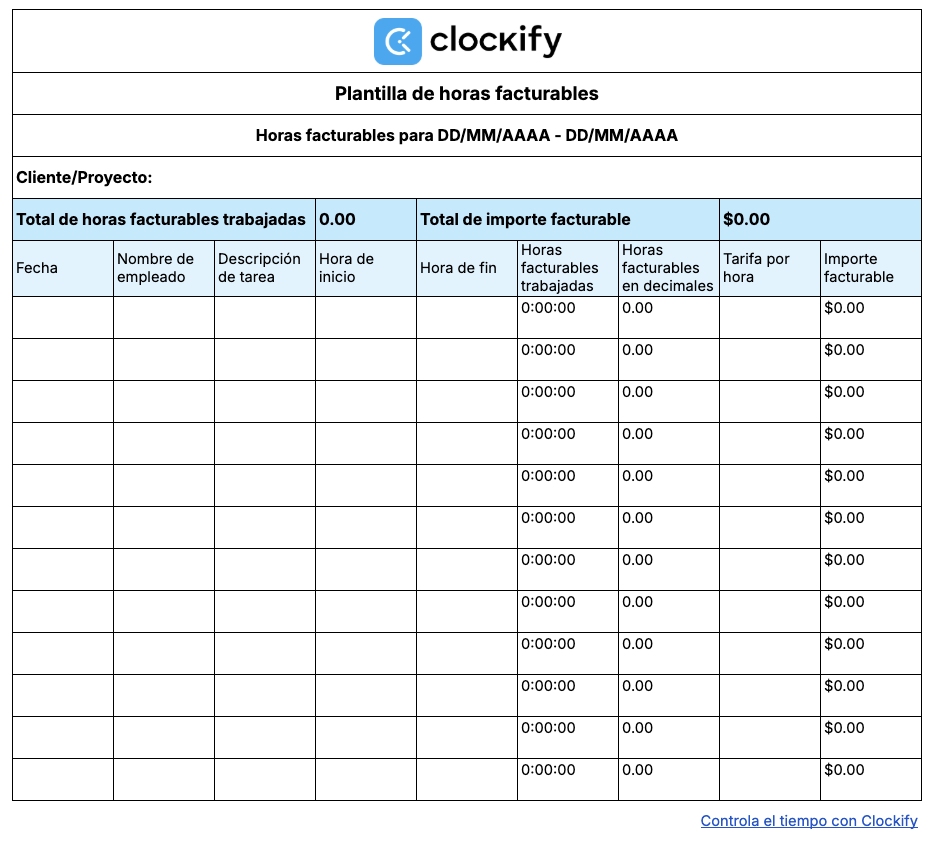 Plantilla de horas facturables