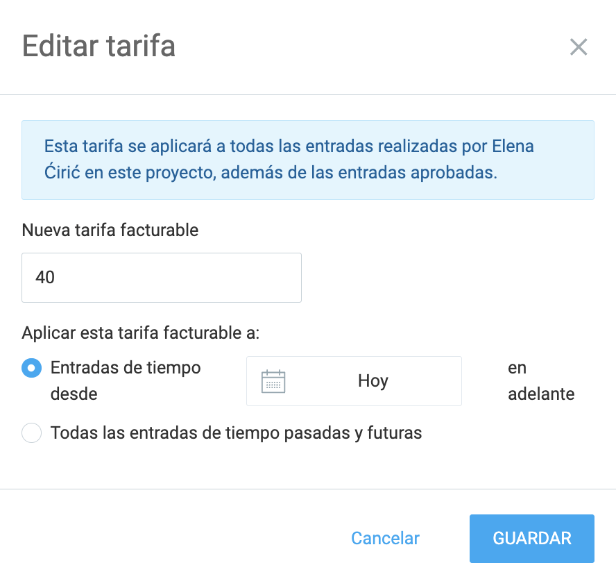 Edita una tarifa por hora en Clockify
