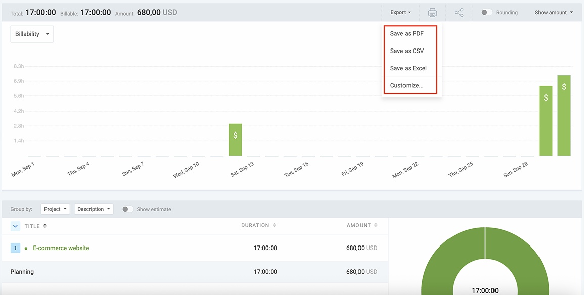 Exporting reports with Clockify
