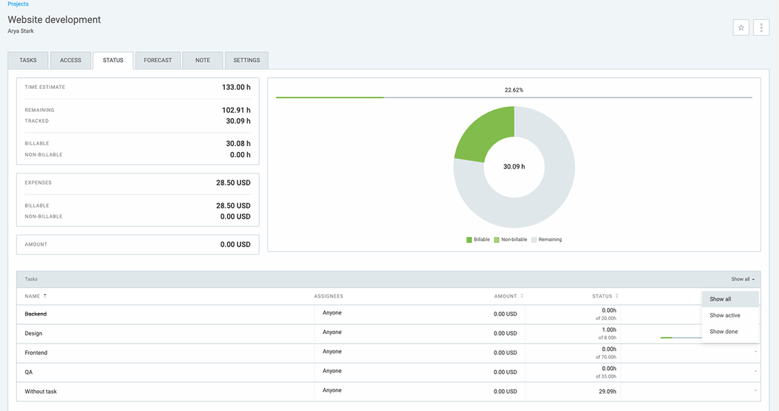 Tracking project status in Clockify