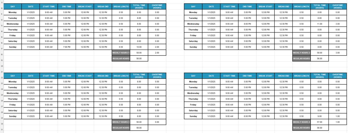 Create a timetable for each workweek