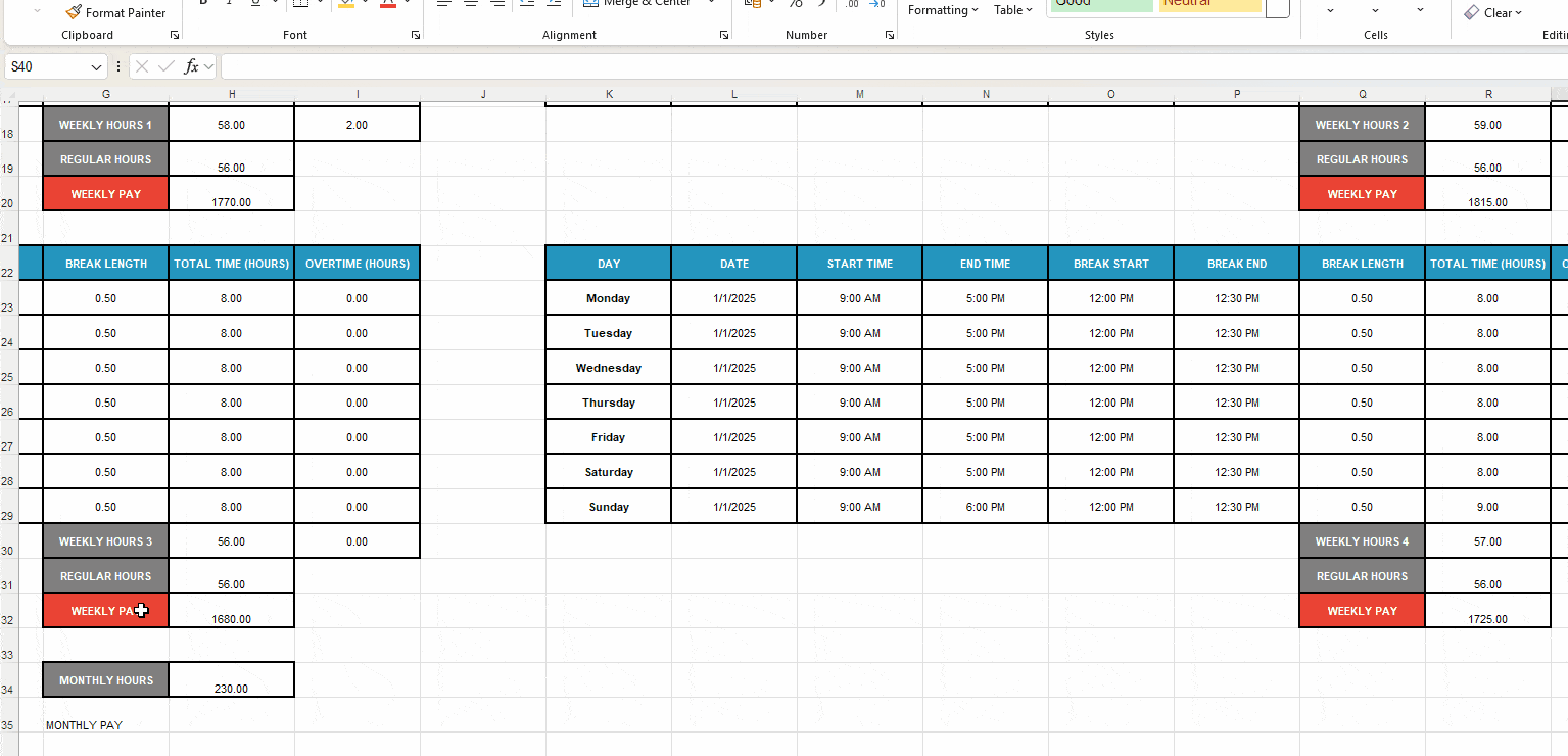 Excel formula for calculating monthly pay