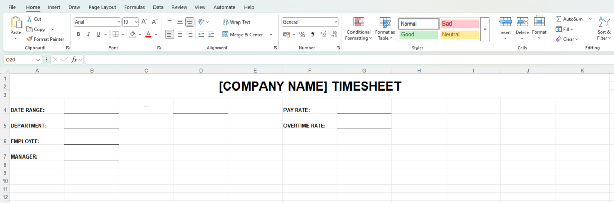 Fill rows 1-7 and columns A-G with administrative details