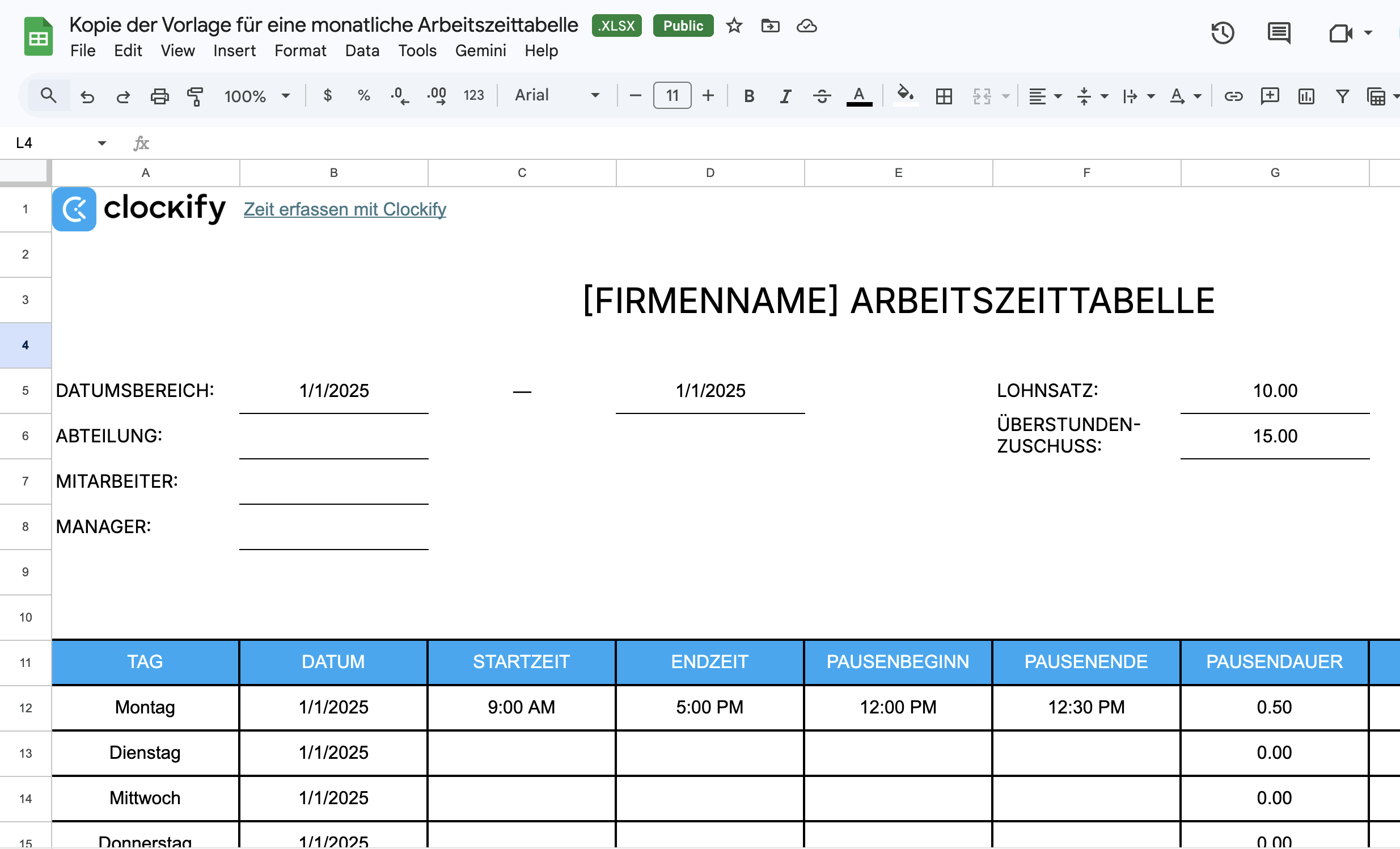 Fill rows 1-7 and columns A-G with administrative details