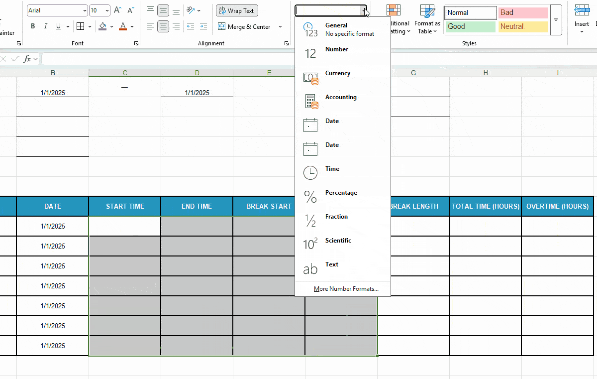 Format cells to display time in the AM/PM format