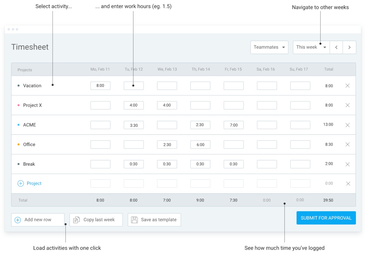 Save your timesheet as a template for recurring projects
