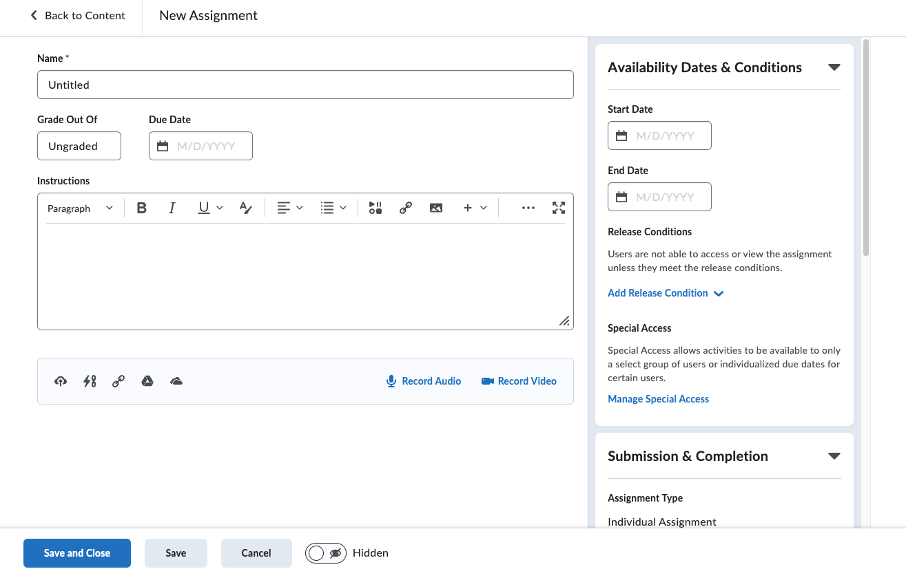 D2L Brightspace - creación de tarea