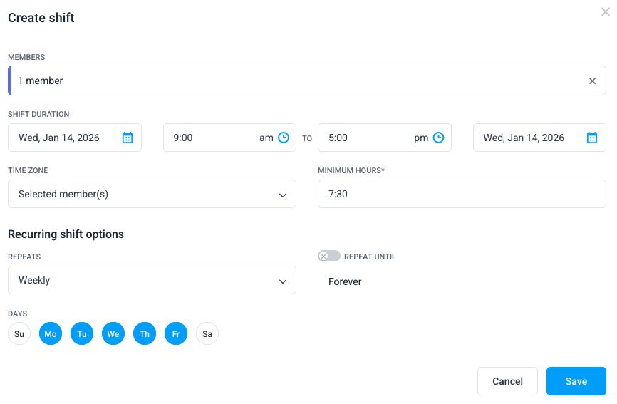 Creating a shift in Hubstaff