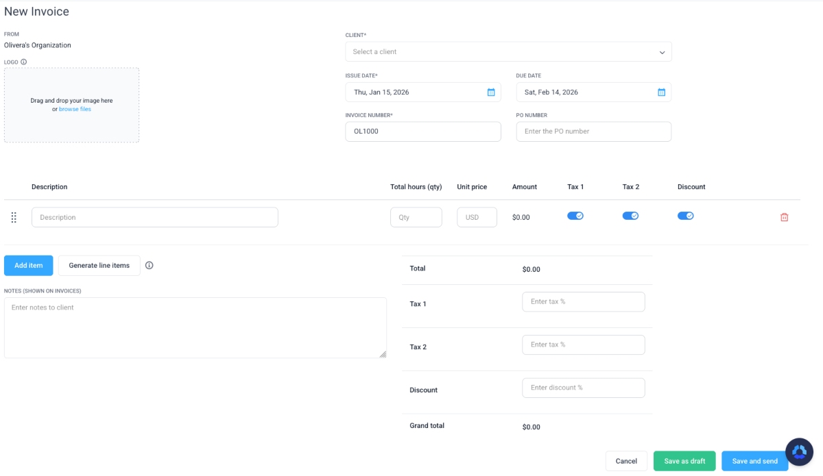 Creating an invoice in Hubstaff