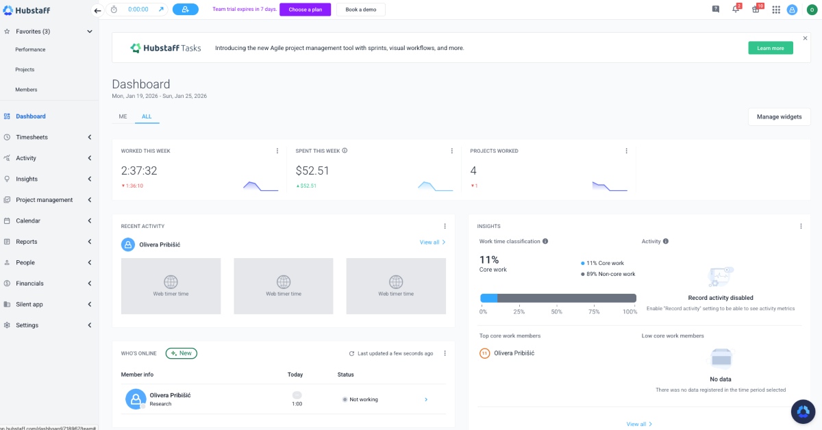 Hubstaff dashboard