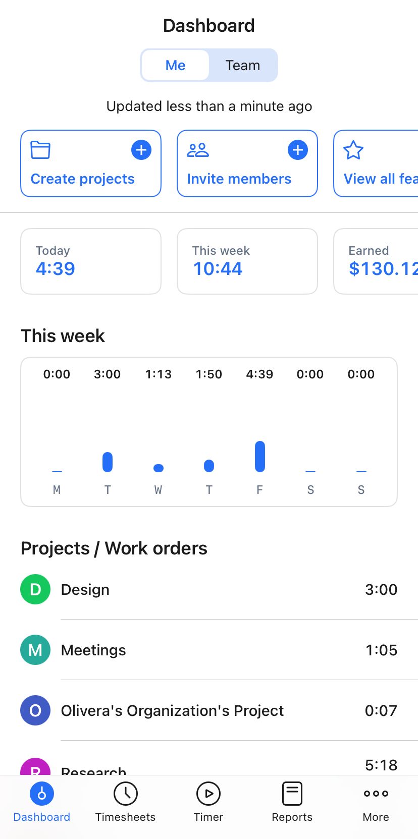 Hubstaff mobile app dashboard