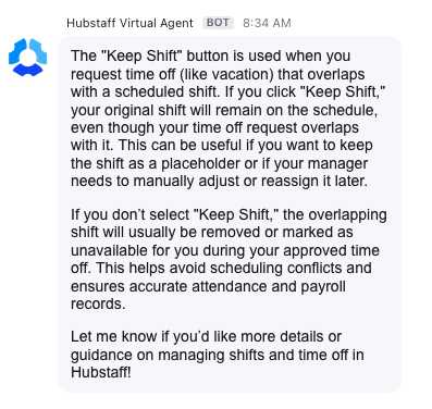 Keep shift option explanation by the Hubstaff virtual agent