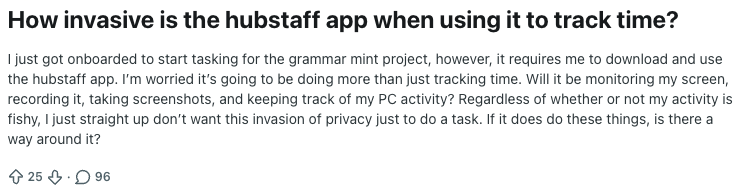 Reddit post about the invasiveness of Hubstaff