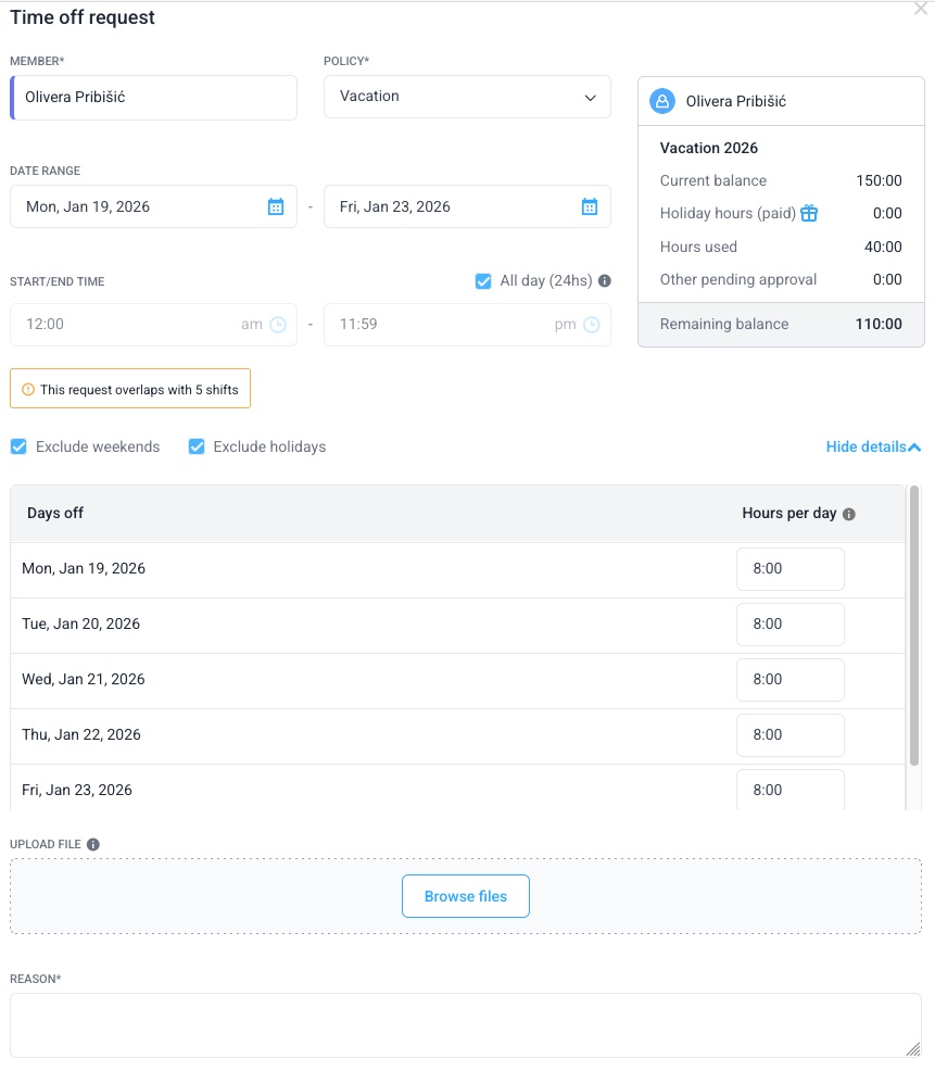 Requesting time off in Hubstaff