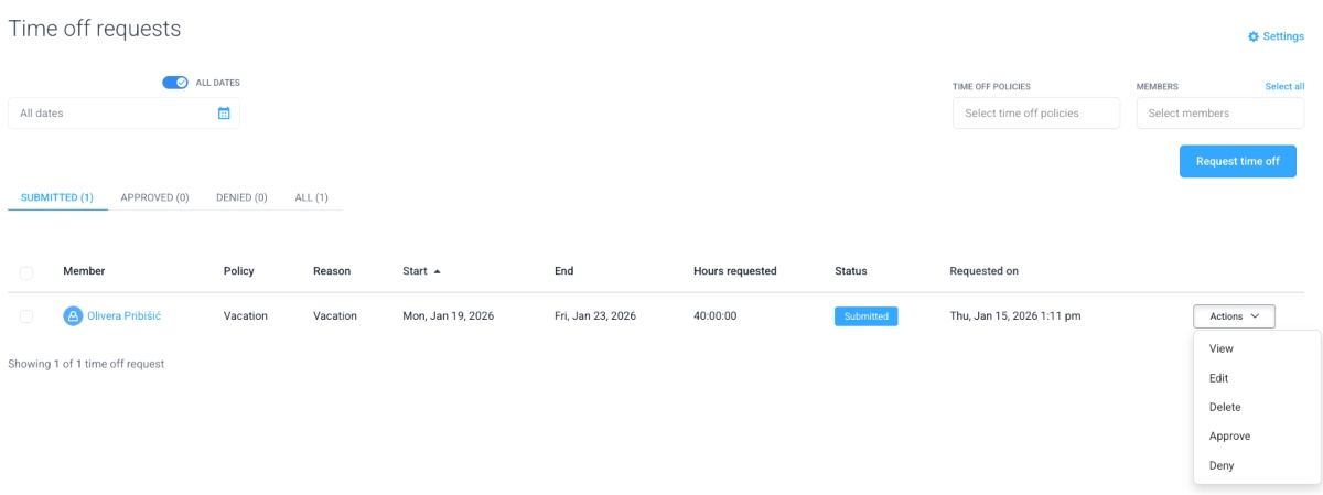Reviewing time off requests in Hubstaff